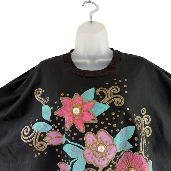 Vintage‎ Sassy Phillips Sweatshirt Womens Medium Black Dolman Floral Pearl 80s - Picture 6 of 16